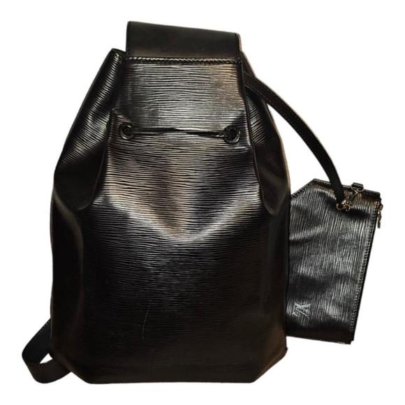 Unisex Louis Vuitton Leather Drawstring Sling Backpack Black With LV Pouch - Picture 1 of 7